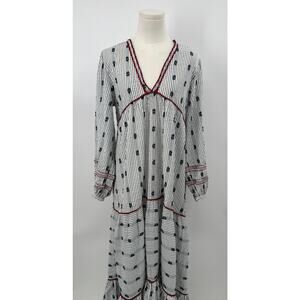 Zara Striped Tiered Embroidered Peasant Midi Dress V-neck Medium